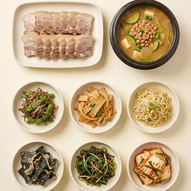 [찬] 보쌈 전통 한상 세트 / 보쌈 / 재래식 청국장국 / 꽈리고추 멸치볶음 / 어묵볶음 / 콩나물무침 / 다시마튀각 / 해초무침 / 막김치