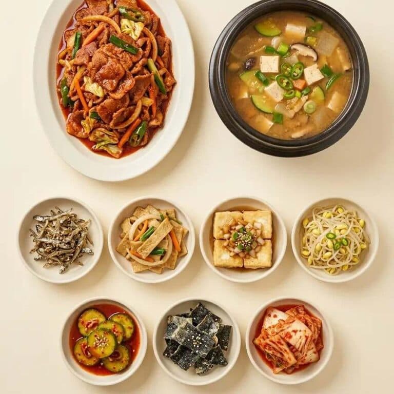 [찬] 오늘의 기본 집밥 세트 / 제육볶음 / 된장찌개 / 멸치볶음 / 어묵볶음 / 두부조림 / 콩나물무침 / 오이무침 / 다시마튀각 / 막김치