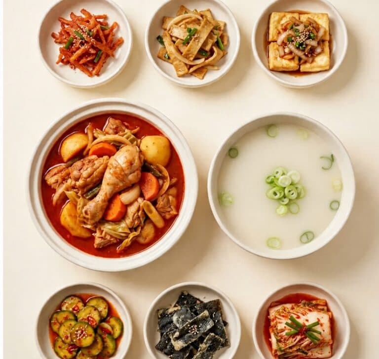 [찬] 든든 국물 집밥 세트 / 닭도리탕 / 사골국 / 북어채 / 어묵볶음 / 두부튀김 / 콩나물무침 / 오이무침 / 다시마튀각 / 막김치