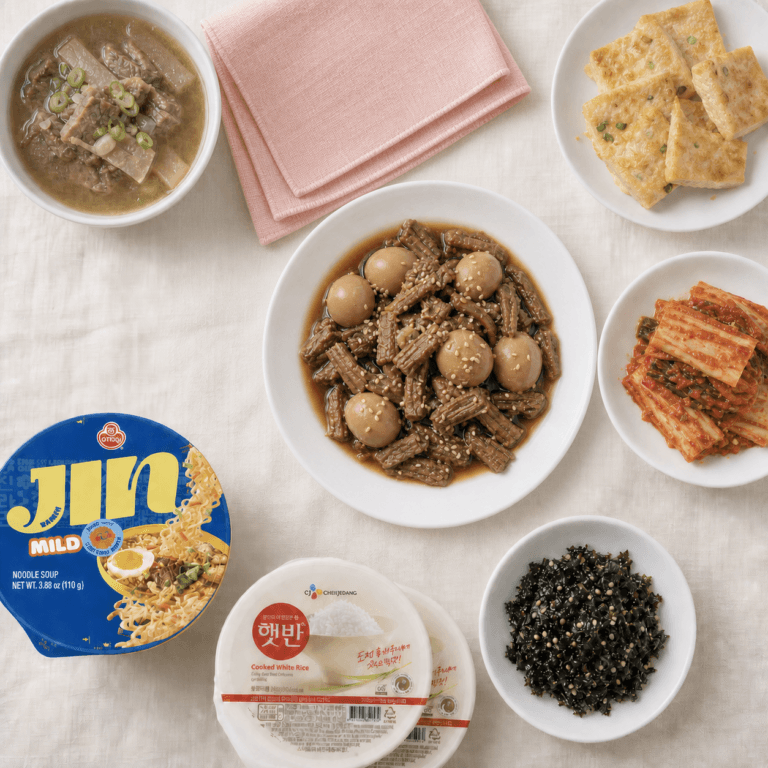 [찬] 엄마표 장조림 집밥 세트 / 햇반 12개  / 순한 진라면컵 6개 / 소고기 장조림 / 갈비탕 / 두부전  / 김자반 / 막김치
